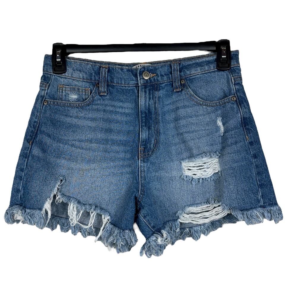 Celebrity Pink SZ 7/28 Jean Shorts Distressed Frayed Hi-Rise Zip-Fly Medium Wash